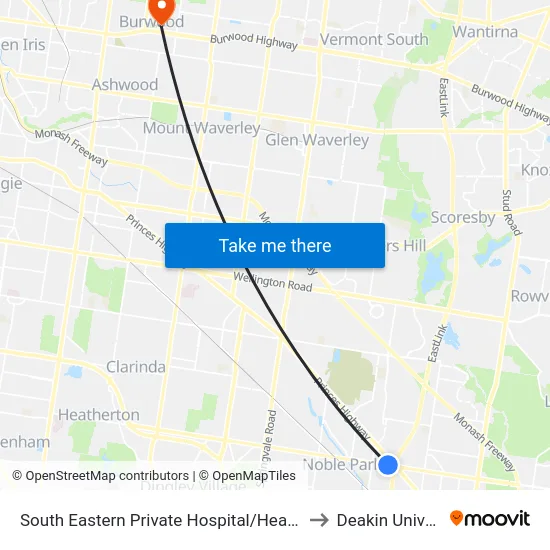 South Eastern Private Hospital/Heatherton Rd to Deakin University map