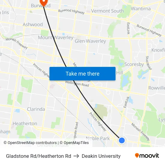 Gladstone Rd/Heatherton Rd to Deakin University map