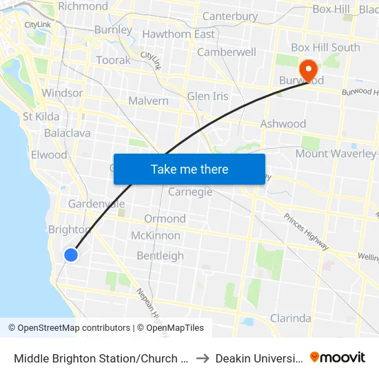 Middle Brighton Station/Church St to Deakin University map