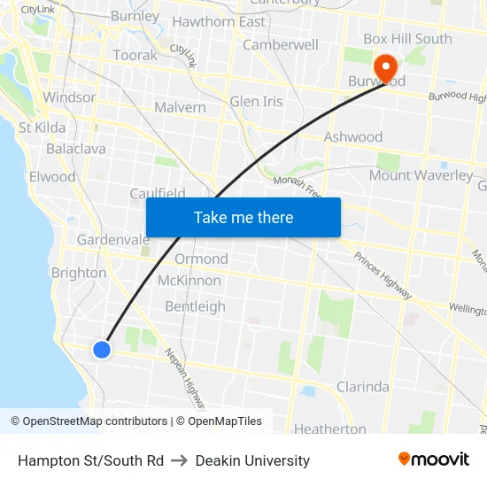 Hampton St/South Rd to Deakin University map