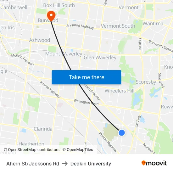 Ahern St/Jacksons Rd to Deakin University map