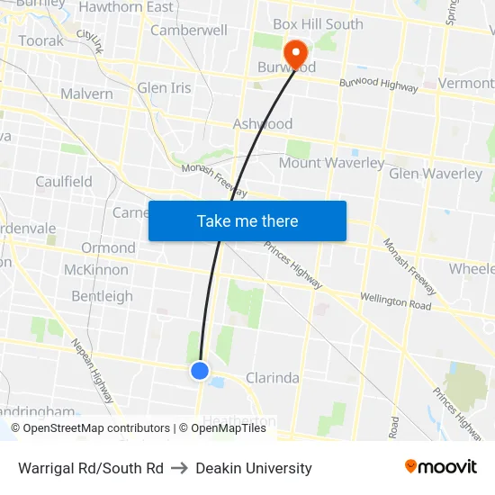Warrigal Rd/South Rd to Deakin University map