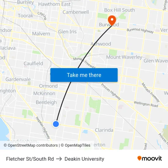 Fletcher St/South Rd to Deakin University map