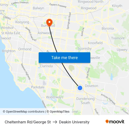 Cheltenham Rd/George St to Deakin University map