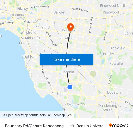 Boundary Rd/Centre Dandenong Rd to Deakin University map