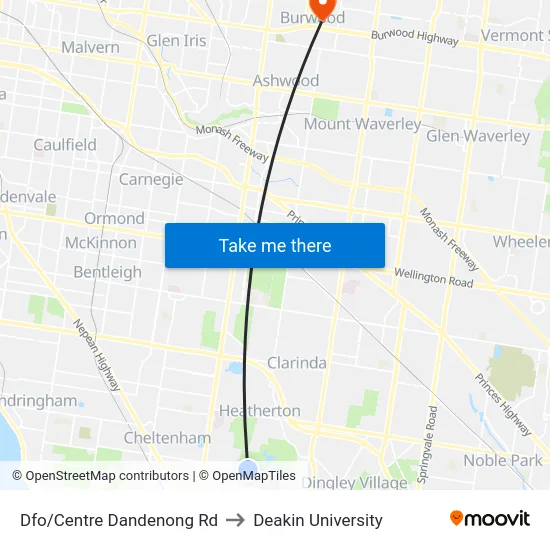 Dfo/Centre Dandenong Rd to Deakin University map