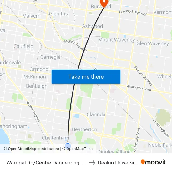 Warrigal Rd/Centre Dandenong Rd to Deakin University map