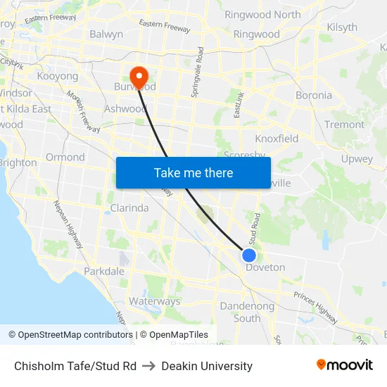 Chisholm Tafe/Stud Rd to Deakin University map