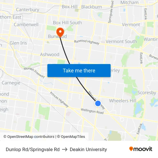 Dunlop Rd/Springvale Rd to Deakin University map
