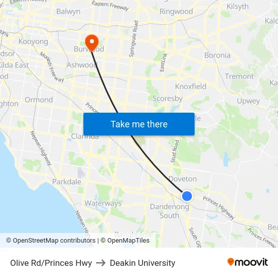Olive Rd/Princes Hwy to Deakin University map