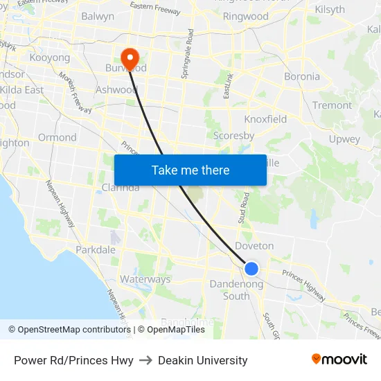 Power Rd/Princes Hwy to Deakin University map