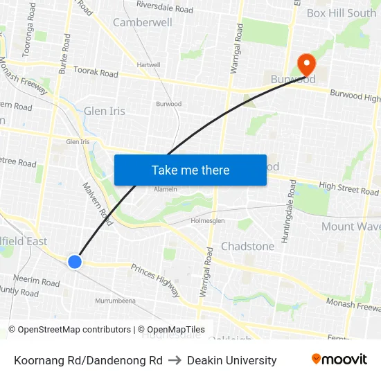 Koornang Rd/Dandenong Rd to Deakin University map