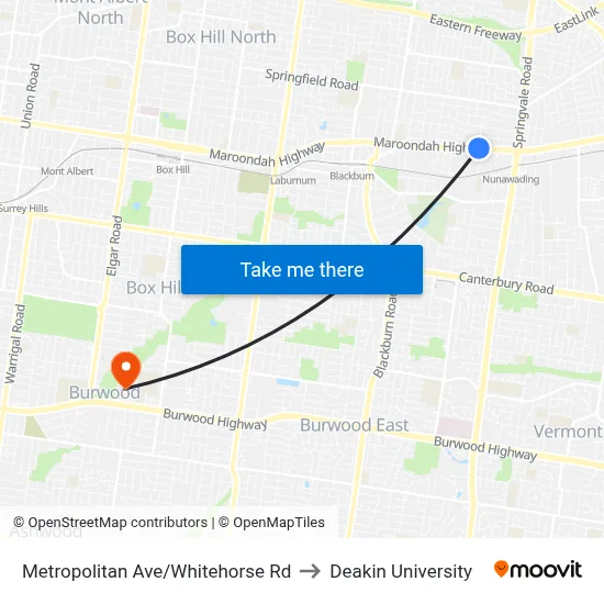 Metropolitan Ave/Whitehorse Rd to Deakin University map