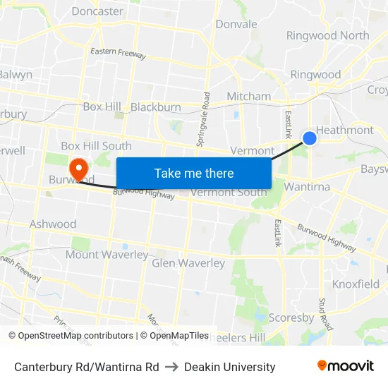 Canterbury Rd/Wantirna Rd to Deakin University map