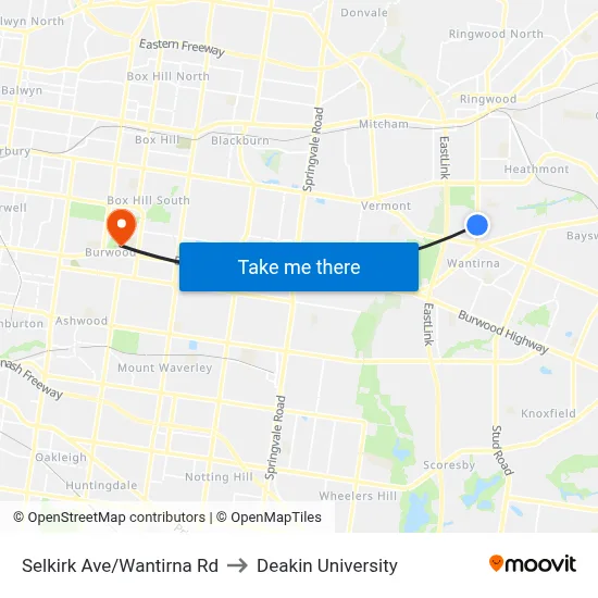 Selkirk Ave/Wantirna Rd to Deakin University map
