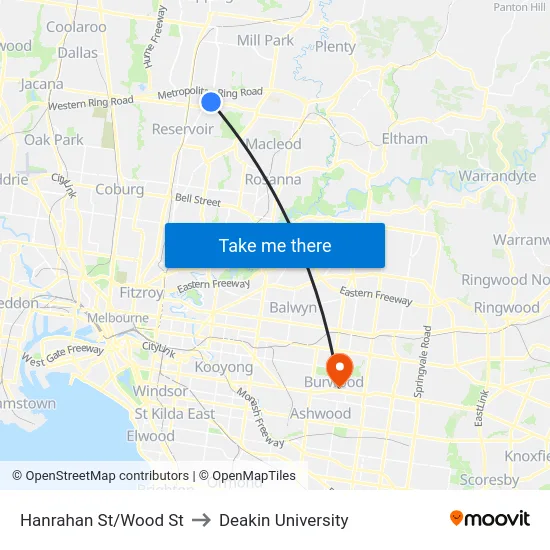 Hanrahan St/Wood St to Deakin University map
