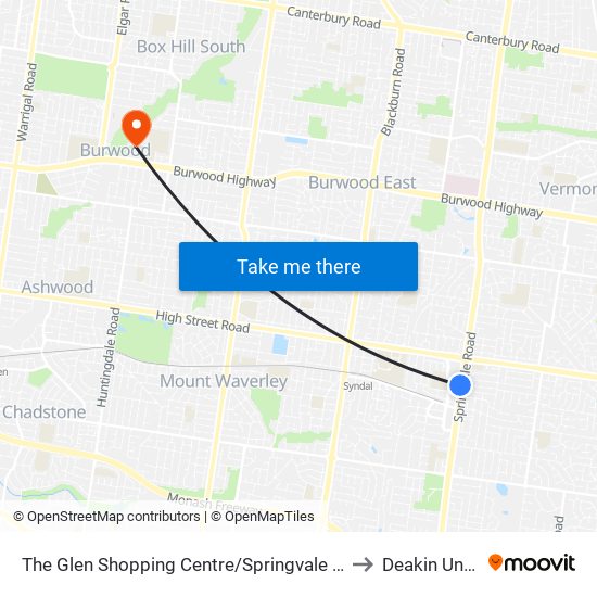 The Glen Shopping Centre/Springvale Rd (Glen Waverley) to Deakin University map