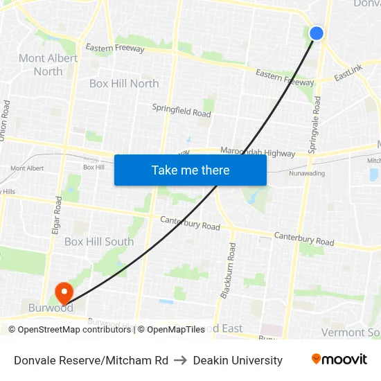 Donvale Reserve/Mitcham Rd to Deakin University map