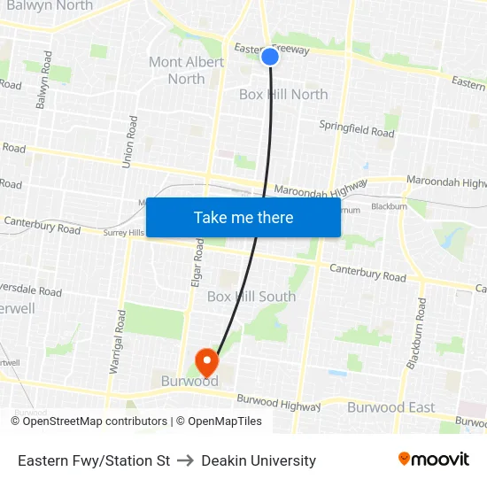 Eastern Fwy/Station St to Deakin University map
