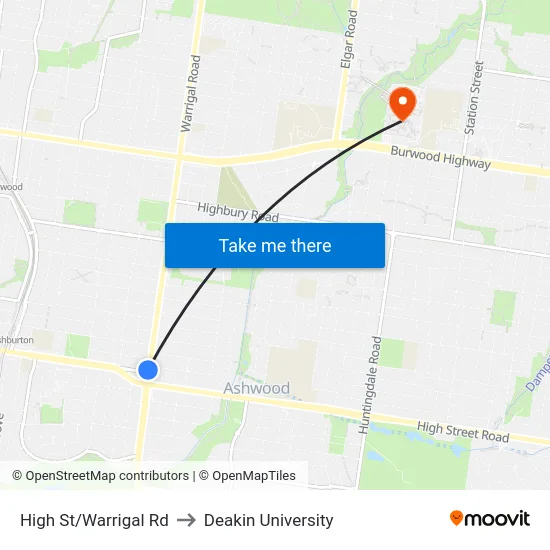 High St/Warrigal Rd to Deakin University map