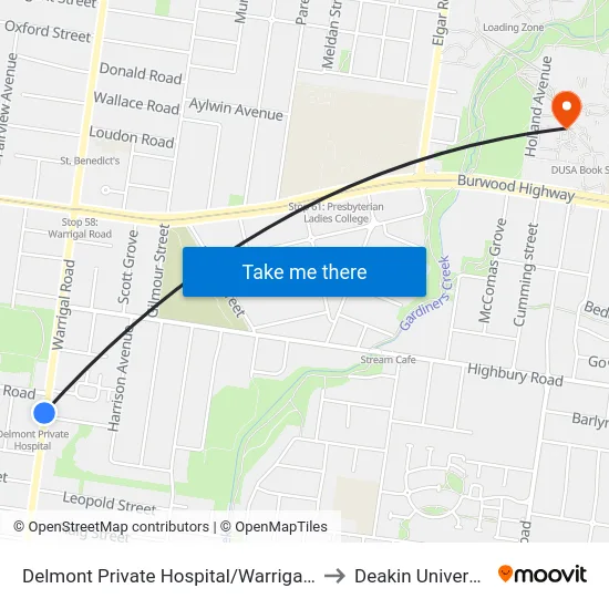 Delmont Private Hospital/Warrigal Rd to Deakin University map