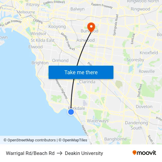 Warrigal Rd/Beach Rd to Deakin University map
