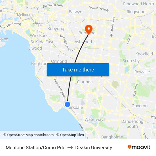 Mentone Station/Como Pde to Deakin University map