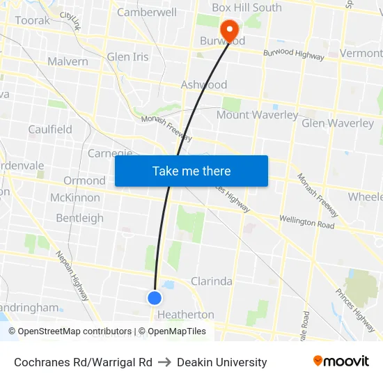 Cochranes Rd/Warrigal Rd to Deakin University map