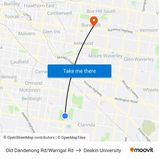 Old Dandenong Rd/Warrigal Rd to Deakin University map