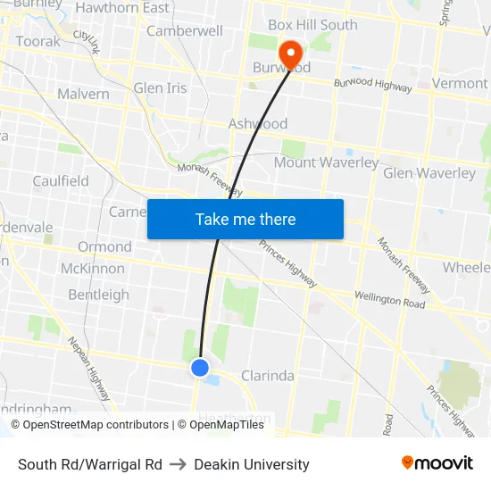 South Rd/Warrigal Rd to Deakin University map