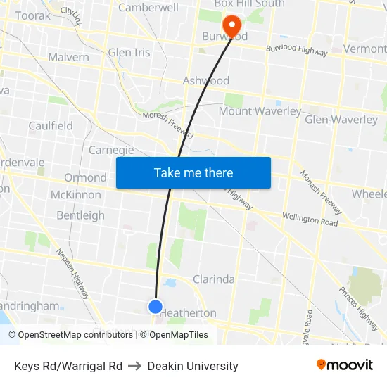 Keys Rd/Warrigal Rd to Deakin University map