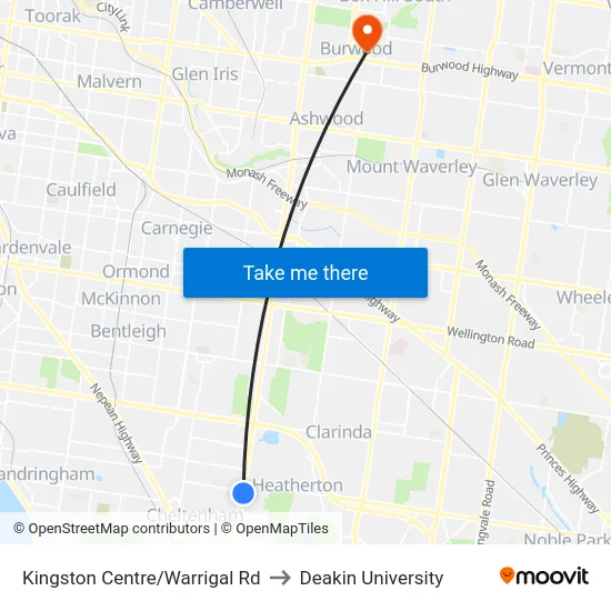 Kingston Centre/Warrigal Rd to Deakin University map