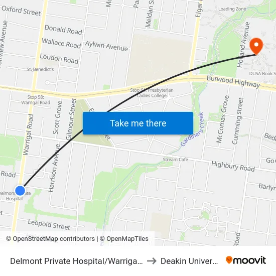 Delmont Private Hospital/Warrigal Rd to Deakin University map