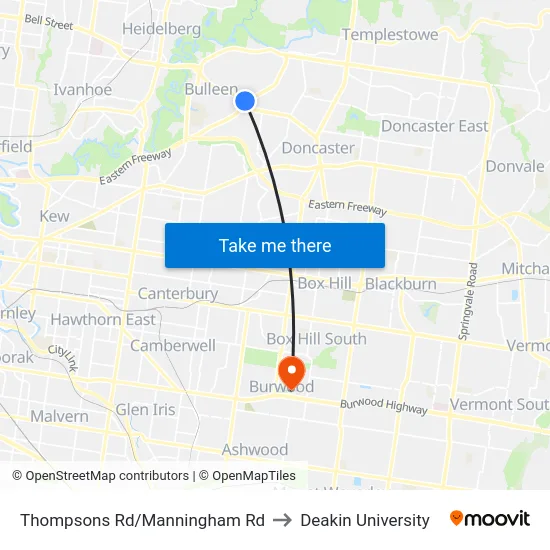 Thompsons Rd/Manningham Rd to Deakin University map