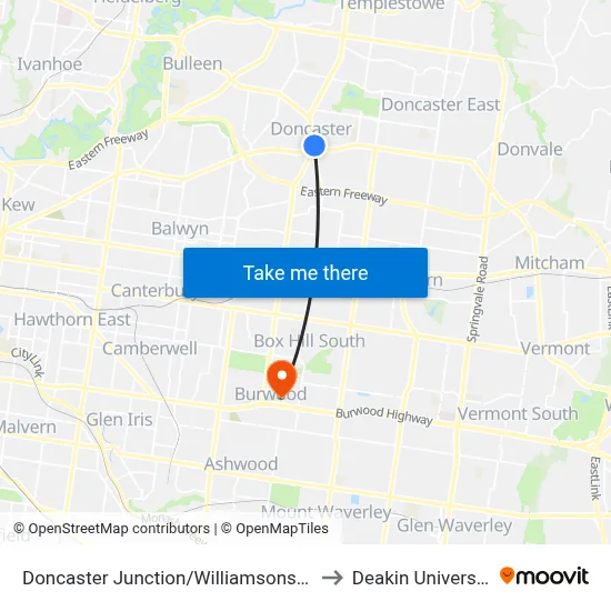 Doncaster Junction/Williamsons Rd to Deakin University map