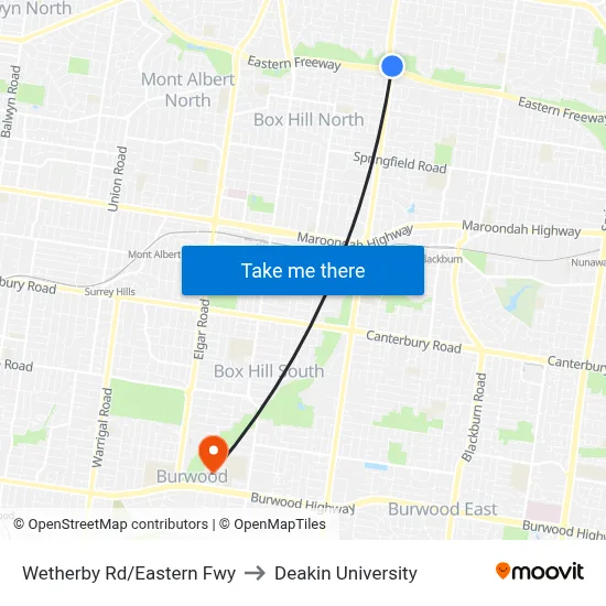 Wetherby Rd/Eastern Fwy to Deakin University map