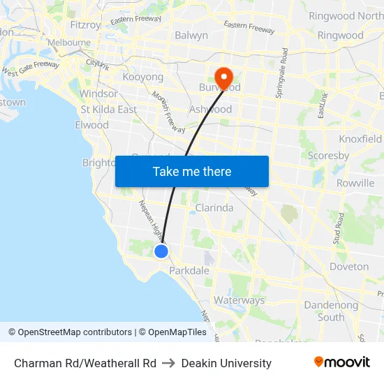 Charman Rd/Weatherall Rd to Deakin University map