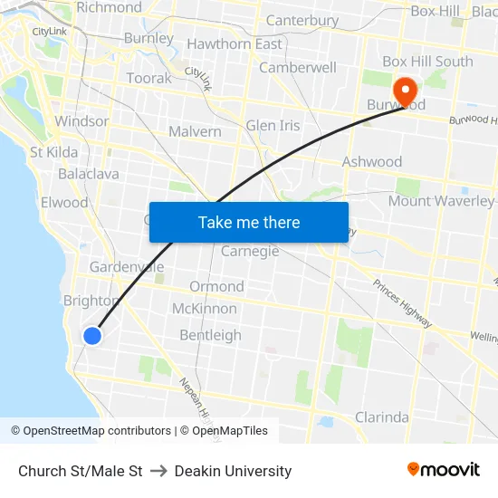 Church St/Male St to Deakin University map