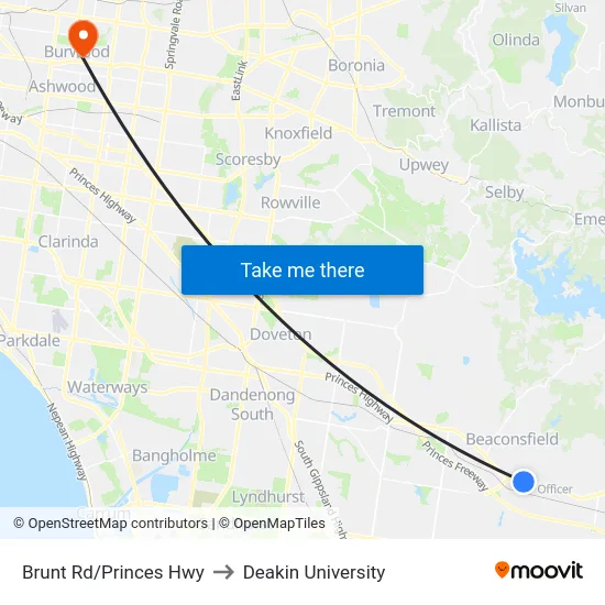 Brunt Rd/Princes Hwy to Deakin University map