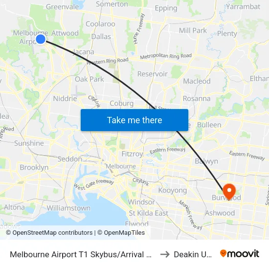 Melbourne Airport T1 Skybus/Arrival Dr to Deakin University map