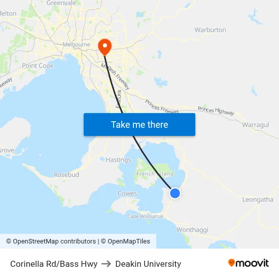 Corinella Rd/Bass Hwy to Deakin University map