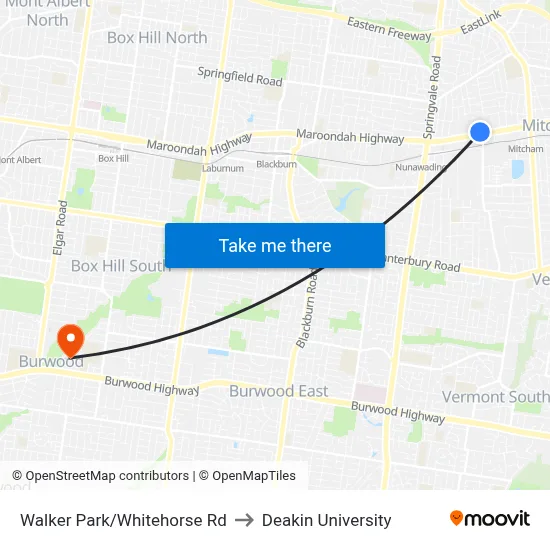 Walker Park/Whitehorse Rd to Deakin University map