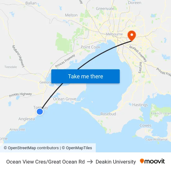 Ocean View Cres/Great Ocean Rd to Deakin University map