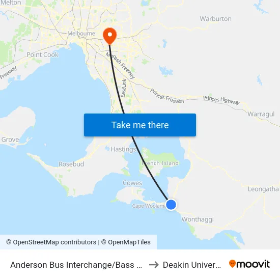 Anderson Bus Interchange/Bass Hwy to Deakin University map