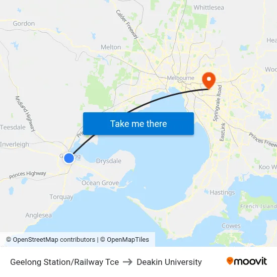 Geelong Station/Railway Tce to Deakin University map