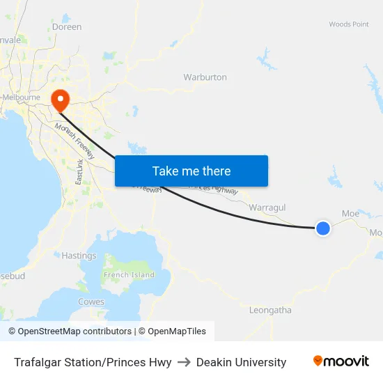 Trafalgar Station/Princes Hwy to Deakin University map