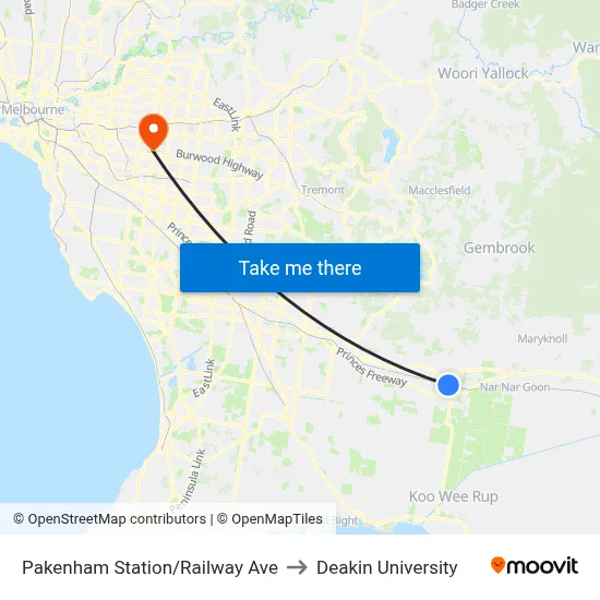 Pakenham Station/Railway Ave to Deakin University map