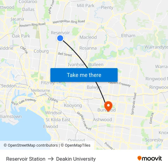 Reservoir Station to Deakin University map