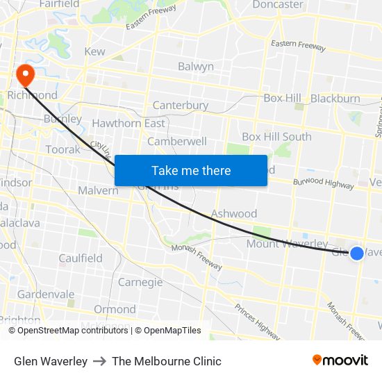 Glen Waverley to The Melbourne Clinic map