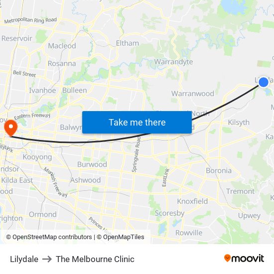 Lilydale to The Melbourne Clinic map